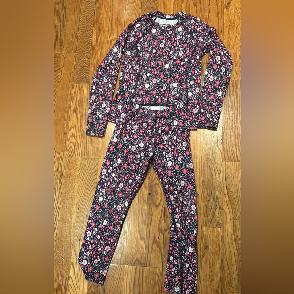 Lands' End Kids Floral Matching Long Underwear Set - Black, Pink, White